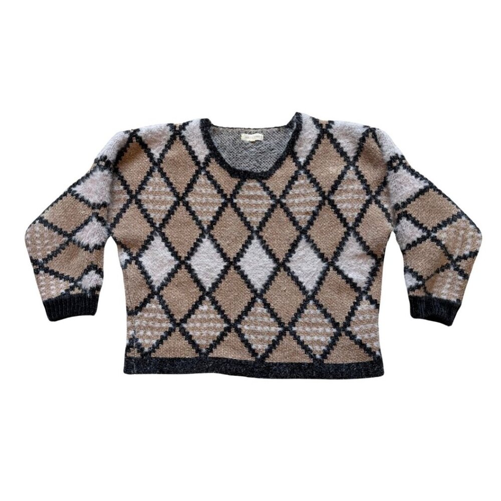 Vintage Solitaire Fuzzy Argyle Sweater L 80s Mohair Blend Tan Black Cream Preppy